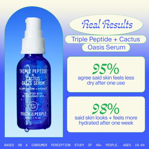 Youth To The People Triple Peptide + Oasis Face Serum - Hydrating + Firming Serum for Dry Skin, Plumps Fine Lines with 4 Types of Hyaluronic Acid, Peptides, Preps for Makeup, Fragrance-free - 1 fl oz