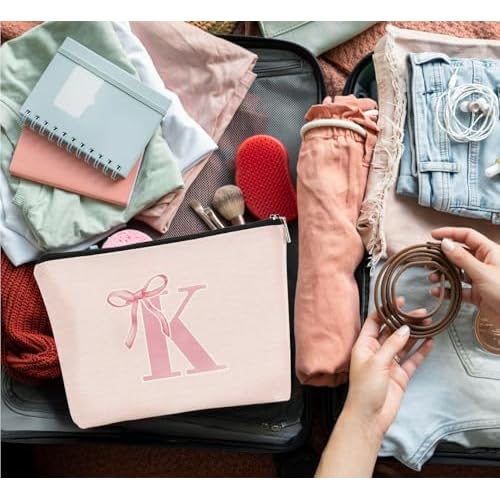 Initial Coquette Pink Bow Makeup Bag,initial K Personalized Teen Girl Gifts,Trendy Preppy Cute Monogrammed Gifts Girly Makeup Pouch Zipper Pouch for Women Teen Girl