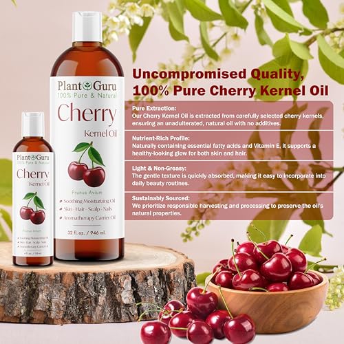 Plant Guru Cherry Kernel Oil 8 fl. oz. Cold Pressed 100% Pure & Natural Carrier ? Skin, Face, Body & Hair Growth Moisturizer. Great for DIY Creams, Lotions, and Lip Balms.