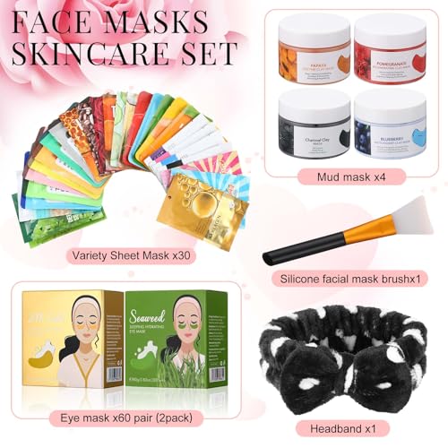 96 Pcs Face Mask Set Hydrating Clean Suitable for Sensitive Skin, Including 30 Peel-off Facial Masks, 4 Clay Masks, 60 Pairs of Under-eye Patches, a Mask Brush, and a Face-washing Headband
