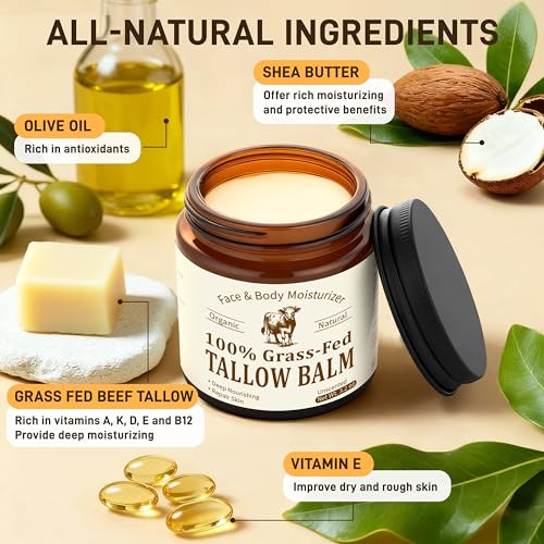 Veakoo Beef Tallow for Skin & Face, Organic Grass Fed Beef Tallow Balm, Unscented Natural Tallow Face Moisturizer, Body Butter, Moisturizing Cream for Women Men, Nourish Soothe Dry Skin