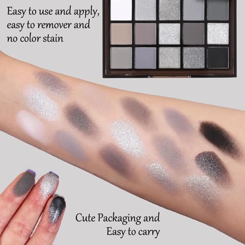 Black Grey Smoky Eyeshadow Palette,15 Colors Matte Shimmer Pigmented Eye Shadow Makeup Palette Set with 3 Eyeshadow Brushes,Glitter Eye Shadow Palette for Daily Halloween Goth Makeup(A)