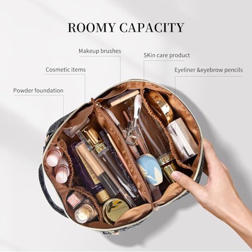 Yulaviniee Initial Makeup Bag,Large Capacity Travel Cosmetic Bag with Shoulder Strap,Portable Leather Open Flat Make Up Organizer Bag,Makeup Toiletry Bag with Handle and Compartments