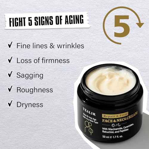 Mens Face & Neck Moisturizer Cream, Firming, Lifting & Anti-Aging Cream with Peptides, Bakuchiol, Niacinamide & Ceramides, Oil-Free Formula, Day & Night Use, Gifts for Men, 1.7 Fl Oz