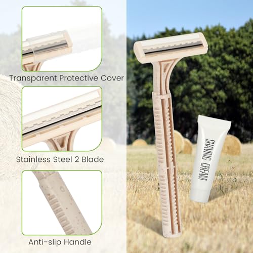 Eco-Friendly Wheat Straw Disposable Shave Kit - 50 Pcs Wheat Straw Razors and Shaving Cream(10g) Bulk, Individually Sealed for Hotel, Airbnb, Camping, Travel, Homeless, Shelters and Charities