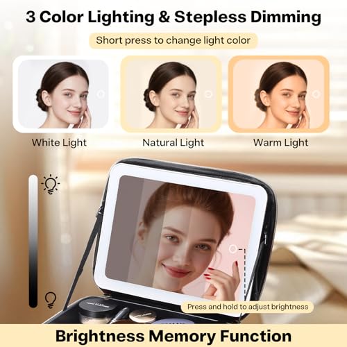 Travel Makeup Bag with LED Mirror, Large 12 Inch Cosmetic Train Case with Jewelry Organizer, 10X Magnifying Mirror, Adjustable Dividers for Cosmetics Makeup Brushes Toiletry, Includes 6 Velvet Pouches