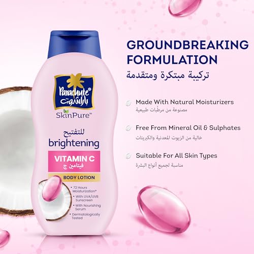 Parachute SKIN PURE BODY LOTION VITAMIN C, UVA/UVB Sunscreen, Blend of Vitamin C and Virgin Coconut Oil for Brightening Skin | 72Hr Moisturization | For Extra Dry Skin | 13.52 Floz