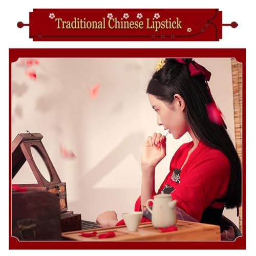 Traditional Chinese Lipstick, 12 PCS Makeup Rouge Lipstick Papers, Non-stick Cup, Long-lasting Matte with Red Storage Box, Rose