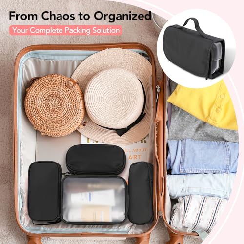 Travel Toiletry Bag 5-Piece Kit, Hanging Toiletries Bag+TSA Approved Cosmetic Bag+Jewelry Bag+ Brush Bag+Cable Bag, Professional Travel Essentials Accessories Organizer for Women- Black
