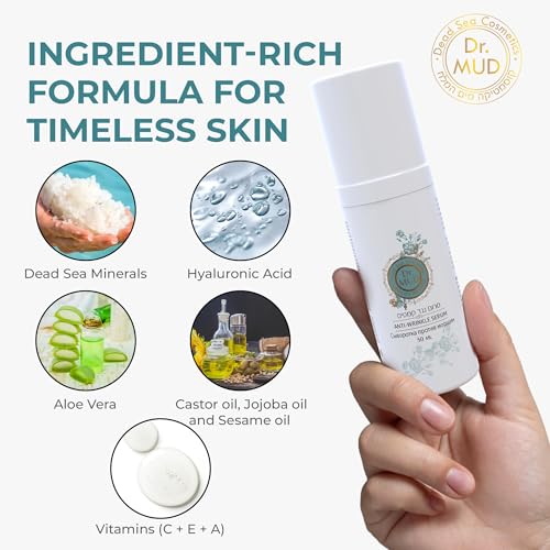 Dr Mud Anti aging Brightening Serum for Wrinkles, Dark Spots, Eye Area & Fine Lines - with Dead Sea Minerals, Hyaluronic Acid, Aloe Vera, Vitamin E & Vitamin A, Caster, Jojoba & Sesame Oil - 50 ml