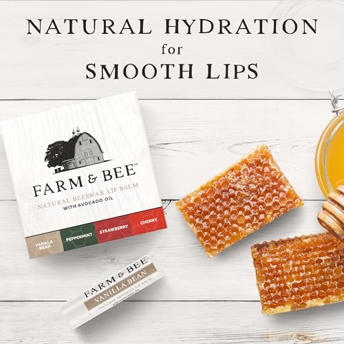 Natural Lip Balm ? Variety Pack - Organic & Natural Ingredients - Beeswax Based Lip Care Chapstick - Great Gift - Farm & Bee - 0.15oz (Pack of 4 - Vanilla Bean/Peppermint/Strawberry/Cherry)