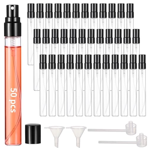 50 Pcs 10 ml Perfume Bottles - Refillable Glass Mini Spray Bottles, Portable Travel Sample Containers, Fine Mist Atomizers with Caps, Includes 2 Funnels and 2 Dispensers, Ideal for Liquids, Black