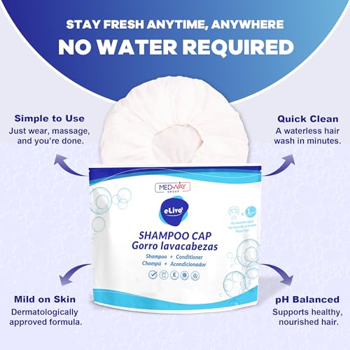 MedVance No Rinse Shampoo Cap | Rinse Free Shower Cap that Shampoos & Conditions | PH Balanced & Hypoallergenic Waterless Hair Wash | 6 Pack