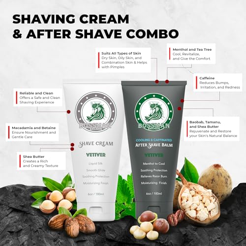 Bossman Silk Lotion Shaving Cream & Cooling After Shave for Men Combo ? Shave Cream & After Shave Balm for Men (Vetiver X Scent)