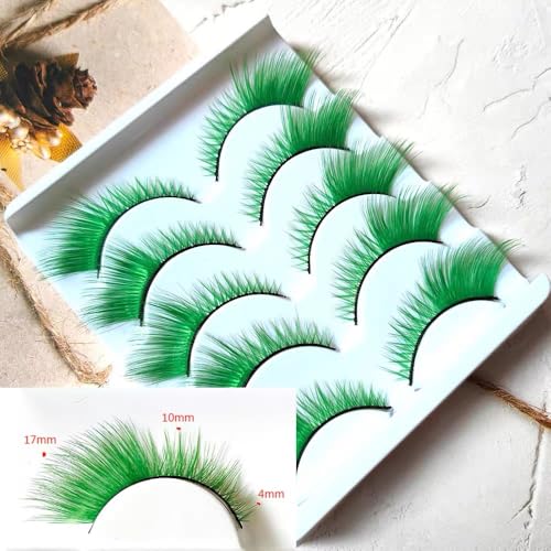 False Lashes Natural Lashes 5 Pairs Cat Eye Fluffy False Eyelashes for Halloween, Cosplay, Party, Stage Makeup (Green)