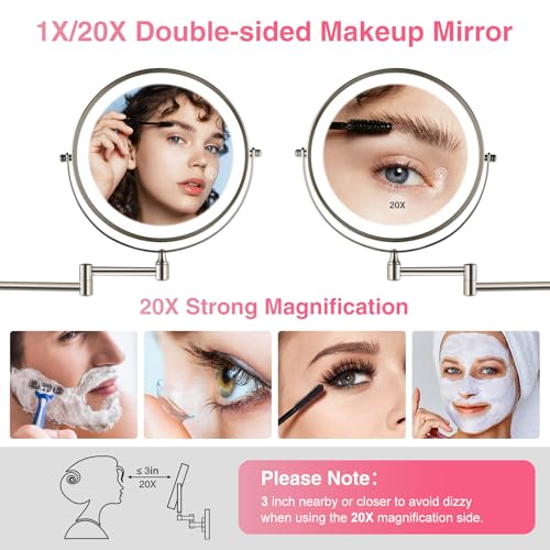 8.5 Inch Magnifying Mirror with Lights, Wall Mounted Makeup Mirror, Dual-Sided 1X/20X, Bright LED Lighting, Space-Saving Design for Bathroom & Vanity, Brushed Nickel
