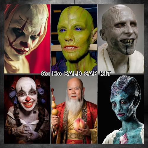 Go Ho Halloween Professional Bald Cap SFX Kit - Complete 8-Piece Makeup Set with Latex (30ml),Water Based Acrylic Adhesive(10ml),6 Colors Flesh Palette,Loose Setting Powder,Bald Cap&Applicators