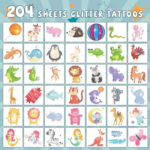 EMOME 204 Sheets Glitter Tattoos for Kids, Individually Wrapped Temporary Tattoos for Girls and Boys, Fake Tattoo Stickers for Birthday Party Favors Supplies, Christmas Stocking Stuffers for Kids