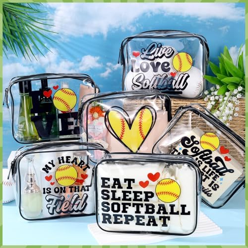 12 Pcs 8 x 6 x 2.4'' Softball Makeup Bag Cosmetic Bag Softball Gifts for Team Clear PVC Bags Softball Goodie Bag Stuffers Accessories for Women Cheer Case Toiletry Zipper Pouch Team Party Favors