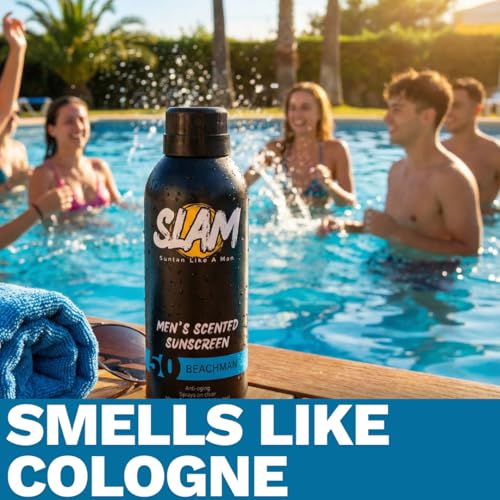 SLAM MysteryMan Men's Scented Sunscreen Spray SPF 50 ? Broad Spectrum Sun Screen Spray for Face & Body, Water Resistant & Sweat Resistant Sunscreen, UVA/UVB Protection, Sunblock for Men 2 pack