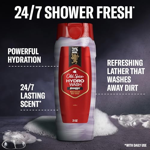 Old Spice Moisturizing Body Wash for Men, Hydro Wash, 2-in-1 Long Lasting Scent & Deep Hydration, 24/7 Shower Fresh, Swagger Scent, 21 oz (Pack of 2)