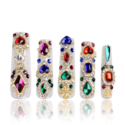 LOVFUL Press on Nails Treasure Trove Rhinestone | Handmade with Full Covered Crystals | Reusable Full Cover Nails | Square Mid length 1.7 in | H103-M