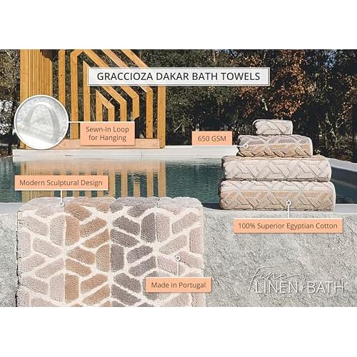 Graccioza Dakar Wash Cloth 12" x 12" - Geometric Sculptured Design in Neutral Earth Tones - Brown, Taupe, and Beige - 100% Cotton Washcloth 650 GSM - Soft Bath and Face Towel - Made in Portugal