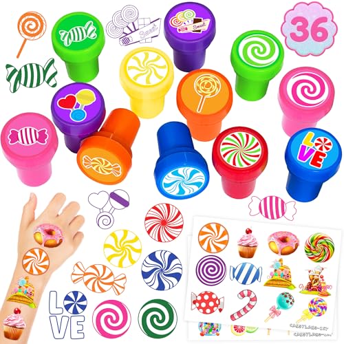 36PCS Candyland Party Favors - 24PCS Temporary Tattoos & 12PCS Stamps - Ideal Sweet Candy Themed Birthday Card Decorations Supplies Goodie Bag Cute Rewards for Boys Girls Classroom Gifts Baby Shower