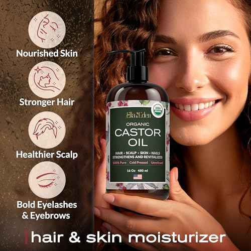 Ella & Eden Castor Oil Organic ? Cold Pressed Hexane-Free Unrefined Glass Bottle - For Hair Growth, Face, Skin - USDA Certified 100% Pure ? 16 Fl Oz
