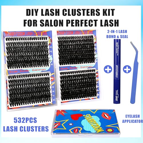 Lash Clusters Kit Wispy Natural Volume 60D+80D Cluster Eyelash Extensions D-Curl 532Pcs DIY Individual Fake Eye Lashes 8-16MM Mixed with Bond Seal Tweezers
