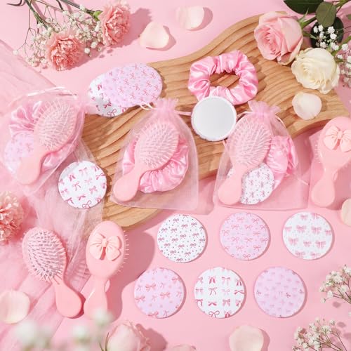 48 Pcs Coquette Bow Party Favors for Women Bow Compact Mirrors Mini Hair Brush Scrunchies Ties Organza Bags Thank You Gift Baby Shower Supplies