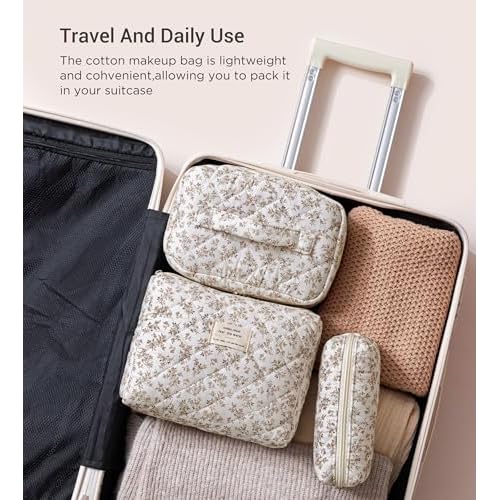HBselect Quilted Makeup Bag, 3PCS Cotton Large Travel Makeup Bag, Cute Floral Coquette Make up Bag Cosmetic Bag Toiletry Bag for Women Girls