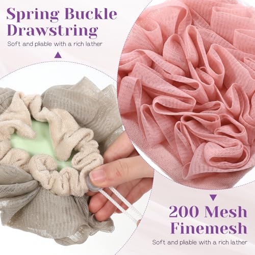 SHENLIU 12 Pack Loofah Washcloth Soap Bar Loofah, 2 in 1 Drawstring Exfoliation Bath Sponge with Bar Soap Pocket Exfoliation Mesh Shower Puff Ball Bath Shower Body Wash Cleansing Smooth Skin