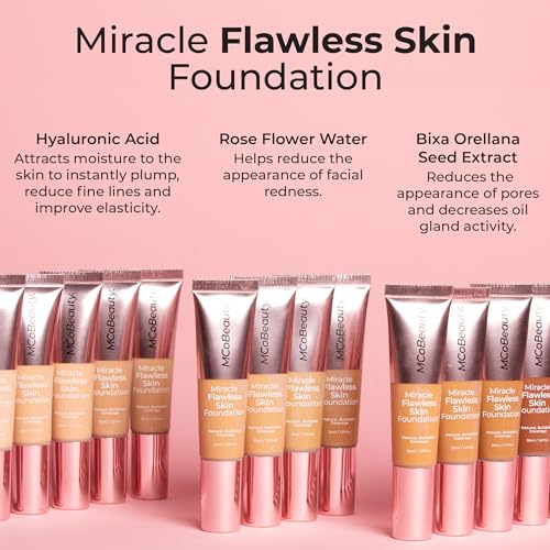 MCoBeauty - Miracle Flawless Skin Liquid Foundation - Medium Warm Shade - Buildable Dewy-Finish Formula with Hyaluronic Acid, Coconut Water and Rose Flower Water - Beauty Products