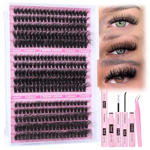 Focipeysa Full Volume Lash Extension Kit 70D 80D 90D Thick Lash Extension Kit 10-18mm Wispy Lash Clusters Individual Lashes Kit with Lash Bond and Seal for DIY Lash Extension at Home