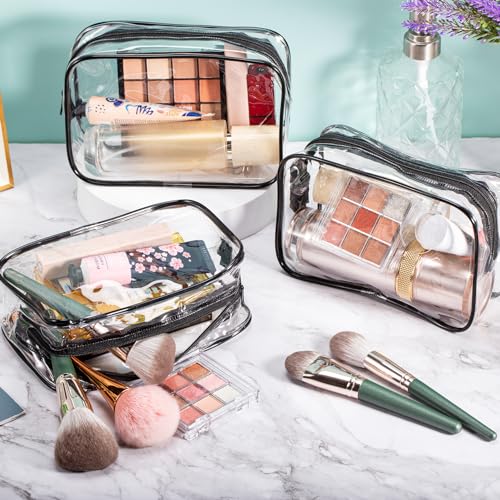 12 PCS Clear Makeup Bags, Clear Toiletry Bags with Zipper, Portable Transparent Toiletry Bags for Travel (Black, Medium)