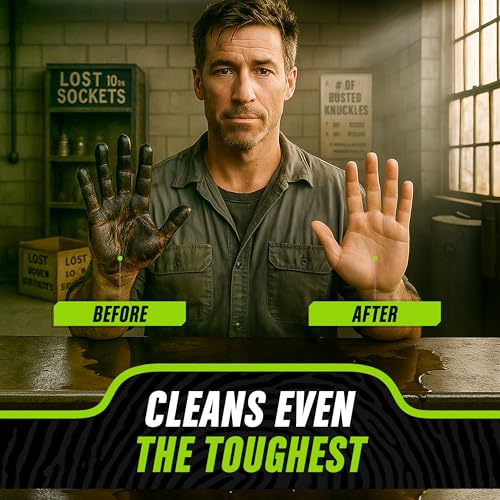 Grip Clean Heavy-Duty Hand Cleaner for Mechanics with Nail Brush - Moisturizing Coconut Oil Hand Cleaner Liquid Hand Soap with Stiff Bristle Nail Brush, Lime Scent - 32 Fl Oz Pump Top + Brush