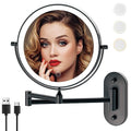 Rechargeable Wall Mounted Lighted Makeup Vanity Mirror 8 Inch Double Sided 1X 10X Magnifying Bathroom Mirror, 3 Color Lighting, Touch Screen Dimming, 360 Rotation Shaving Mirror