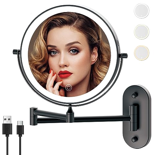 Rechargeable Wall Mounted Lighted Makeup Vanity Mirror 8 Inch Double Sided 1X 10X Magnifying Bathroom Mirror, 3 Color Lighting, Touch Screen Dimming, 360 Rotation Shaving Mirror