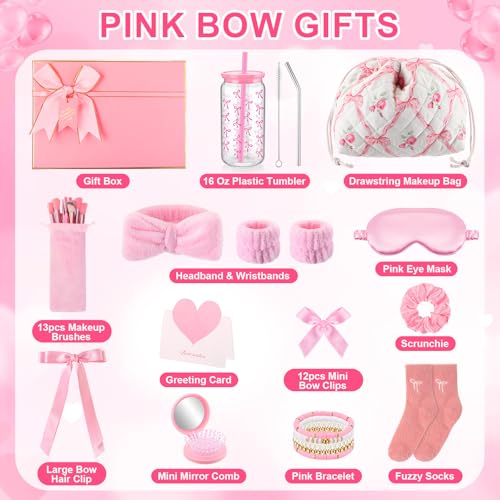 14 Pack Gifts Trendy Stuff for Teenager Girls Aged 13+, Pink Birthday Gifts Basket for Her Hair Bows Drawstring Makeup Bag Makeup Brush Set Coquette Bow Cups for Young Women Friend