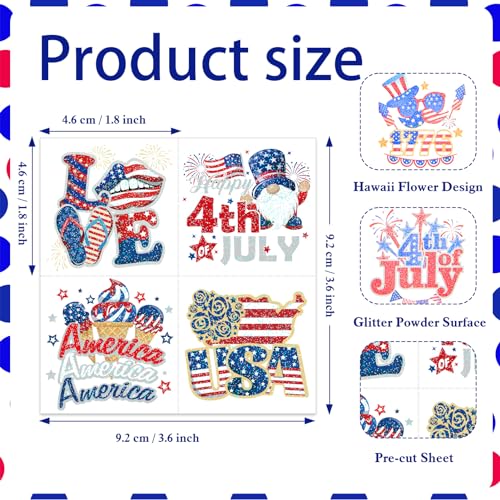 HOWAF 4th/Fourth of July Temporary Tattoos 96 Individually Sheets Giltter American USA Flag Tattoos Stickers Giltter gold and silver Independence Day Tattoos for Patriotic Independence Day