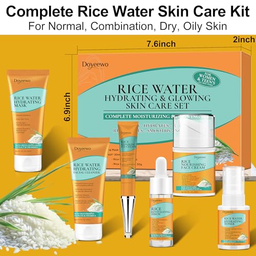 Skin Care Set,6Pcs Women Teen Glass Skincare w/Korean Rice Extract,Hydrate Glow Repair Anti-Aging Facial Routine Kit Self Care Gifts for Women Mom Wife Teenage Girl Her Valentines Day Christmas Gifts