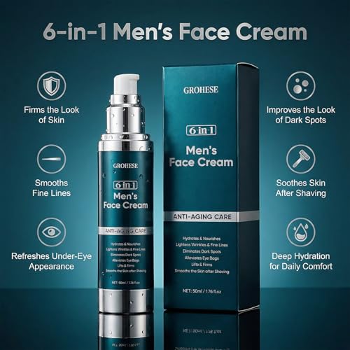 6 in 1 Face Cream for Men, 6 in 1 Mens Face Moisturizer with Collagen, Hyaluronic Acid and Shea Butter, 1.76 fl oz