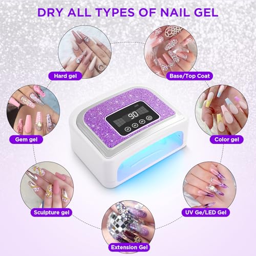 Aedavey Cordless Nail Lamp, Rechargeable UV Nail Lamp for Gel Nails, LED Nail Lamp with 4 Timer Modes, Gel Nail Light Decorate with Sparkling Nail Rhinestones Diamond (Sparkly Purple Diamond)