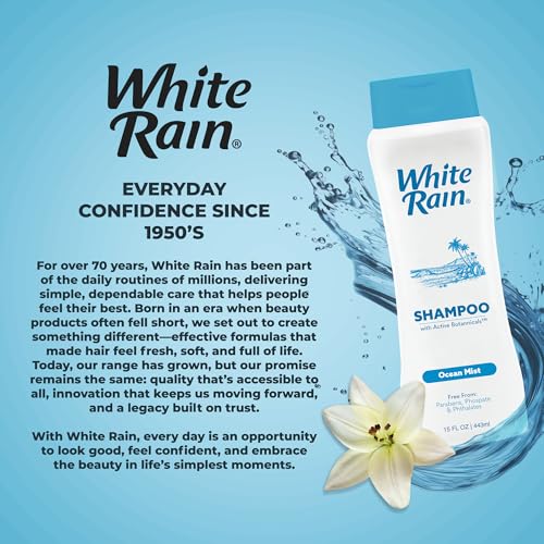 White Rain Moisturizing Shampoo - Ocean Mist Scent, Pack of 2 (15 fl oz Each), Hydrating Shampoo for Men & Women, Paraben-Free & Cruelty-Free with White Lily, Green Tea & Rice Protein