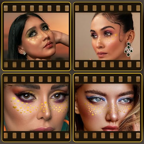 Glitter Gold Freckles Face Tattoo, Glow Up Makeup Patches - Face Glitter Speckles Patches - Cute Glitter Makeup Accessories for Women - Cosmetic Glitter for Face - 6 Sheets