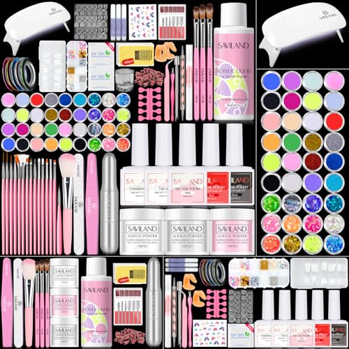 SAVILAND Acrylic Nail Kit for Beginners: Professional Nail Kit Acrylic Set with Everything Nail Drill Acrylic Powder Monomer Liquid Gel Nail Polish U V Nail Light Christmas Gift Home Extension