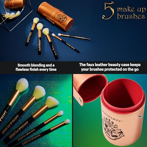 Harry Potter Gifts Makeup Brushes Set for Women, Teens, 5 Piece Makeup Brush Set with Travel Case for Eyeshadow Blush Contour Beauty