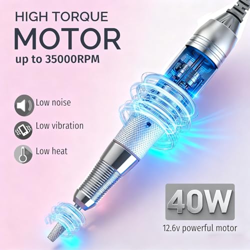 Electric Nail Drill Professional, Upgraded High-Power Efile with Genuine 4000mAh Battery, Cordless Rechargeable Nail File Tool for Acrylic Gel Nails & Cuticle Removal, Salon/Home Use