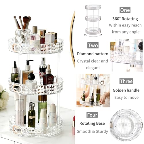 360 Rotating Makeup Organizer, 3 Tier Diamond Pattern Perfume Organizer, 10.7" Large Capacity Skincare Lotion Organizer, Designed for Vanity and Bathroom Countertops, Clear